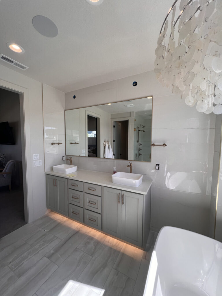 Top 5 Bathroom Design Trends for 2025 9 double sink gold frame mirror