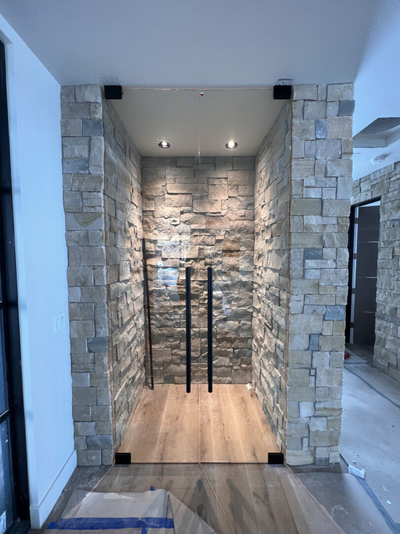 inline shower double doors stone