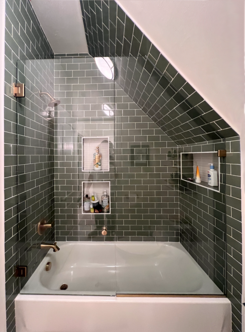 tub glass door with angled top corner