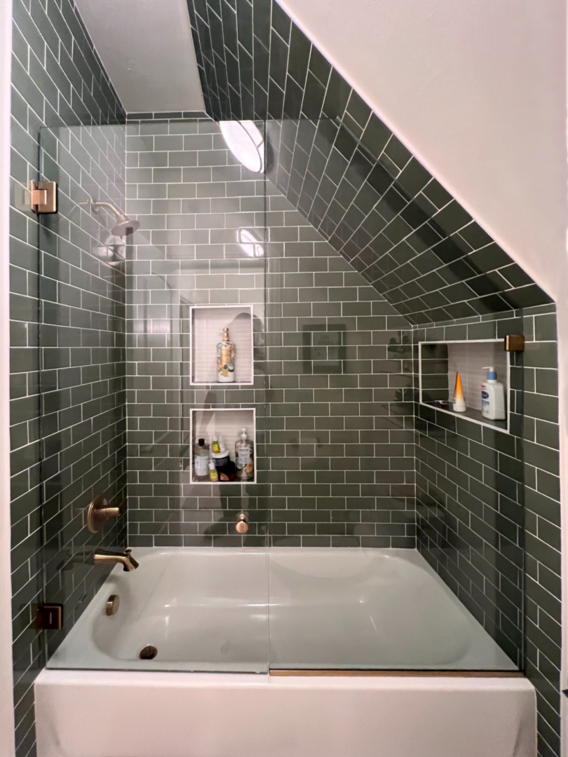 tub glass door with angled top corner