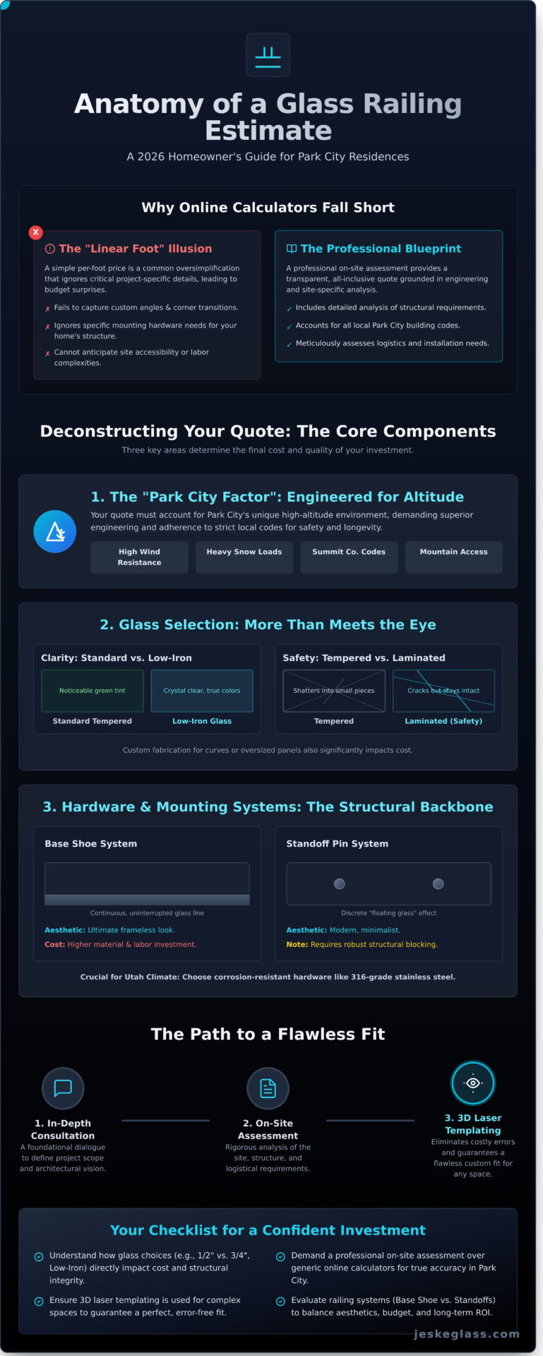 Accurate Glass Railing Estimates in Park City The 2026 Homeowners Guide - Infographic - Jeske Glass